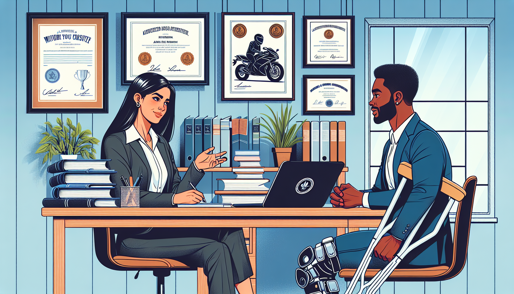 An image of a professional work setting where a client, having survived a motorcycle accident and using crutches, is consulting a confident, experienced-looking attorney in a well-organized office. On the walls are certificates and plaques highlighting the lawyer