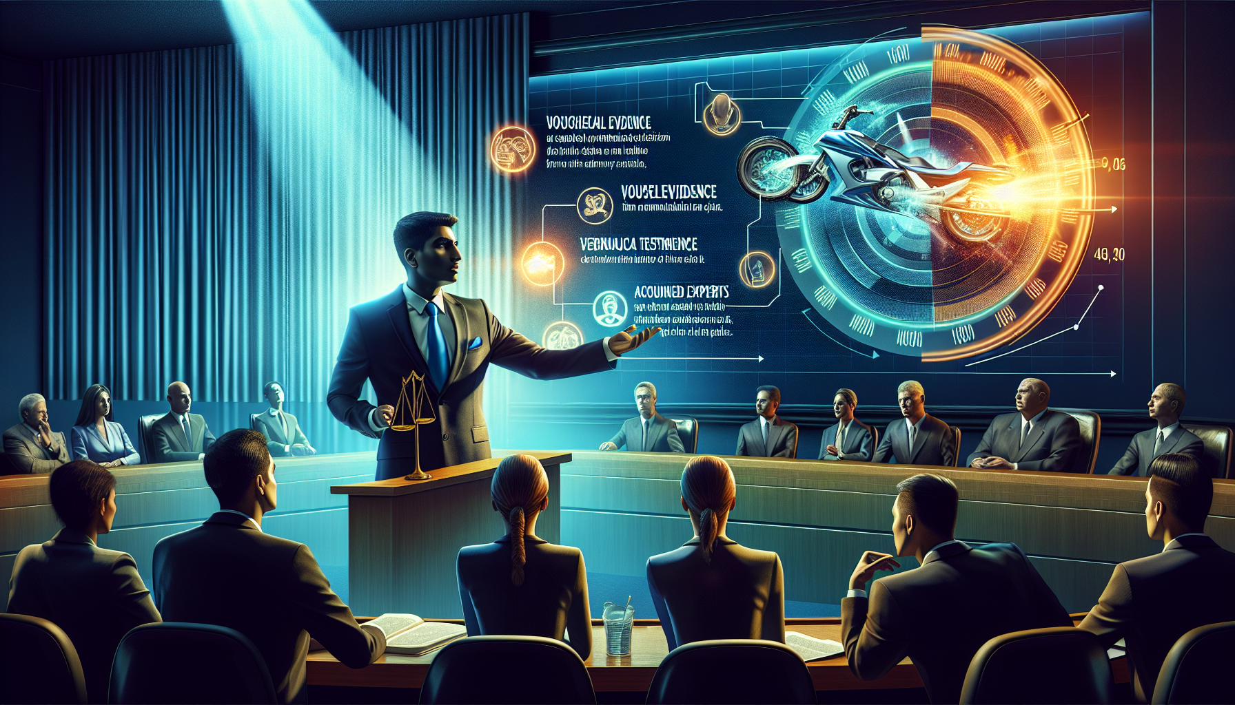 Visualize a courtroom scene, prominently featuring a confident and skilled motorcycle accident attorney arguing a case before a jury. Beside them, a detailed chart illustrating key factors that influence the success of motorcycle accident claims, such as evidence from the crash scene, witness statements, and expert testimonies. The attorney is depicted using powerful gestures to enhance their expert negotiation and trial skills, conveying the value they bring to their client