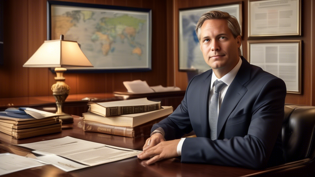 A professional lawyer in a suit confidently discussing a legal strategy with a client at an office desk, filled with legal books and documents related to maritime law. Visible in the background is a wall adorned with awards, client testimonials, and framed articles highlighting successful cruise ship injury cases. The atmosphere conveys trust, expertise, and friendliness, with the attorney showcasing excellent communication skills through focused attention and a reassuring demeanor.