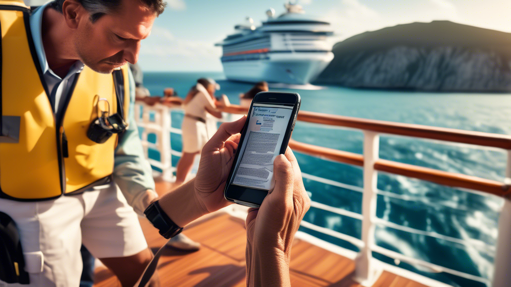 Generate an image that illustrates the immediate steps to be taken following a cruise ship injury to strengthen a legal case: a concerned passenger on a deck of a cruise ship taking photos of a slippery surface, witnesses nearby giving statements, and a crew member assisting the injured passenger. Include legal documents and a phone with an attorney