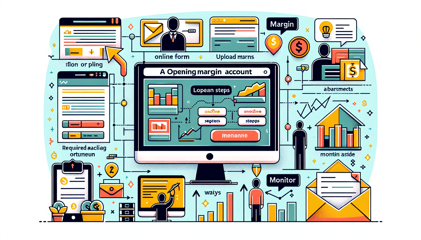 Create an illustration that shows a step-by-step guide to opening and managing a margin account with Interactive Brokers. The image should depict a clean, modern interface with key steps highlighted, such as filling out online forms, uploading required documents, and tips for monitoring the account. Include visual indicators or icons representing documents, computer screens, and financial tools to effectively portray the process. Use a cohesive and instructional design aesthetic.