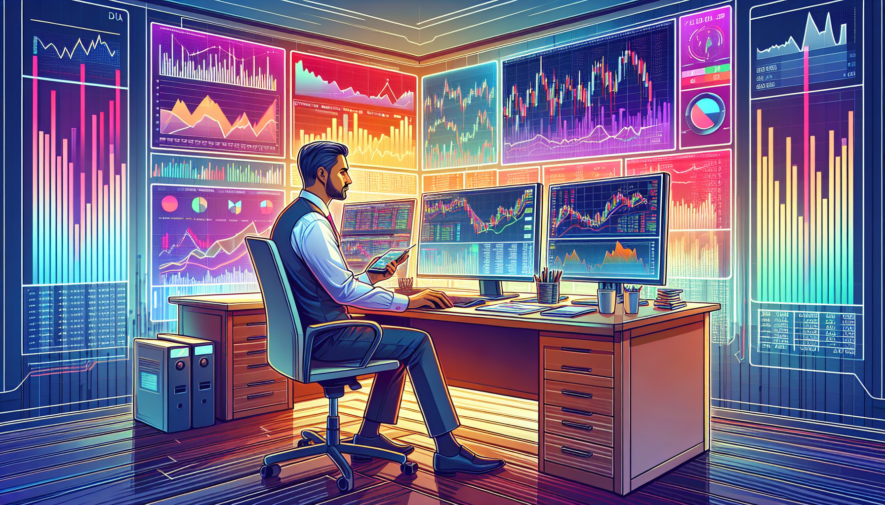 Create an image of a sophisticated trading desk with computer screens displaying real-time financial data and stock charts. Include an experienced trader thoughtfully analyzing the data, clearly focused on making strategic decisions for an Interactive Brokers margin account. Incorporate visual elements such as graphs, risk management tools, and trading strategies prominently displayed on the screens, demonstrating the use of best practices and techniques to maximize margin account benefits while managing potential risks effectively. Make sure the overall ambiance conveys professionalism and savvy financial expertise.