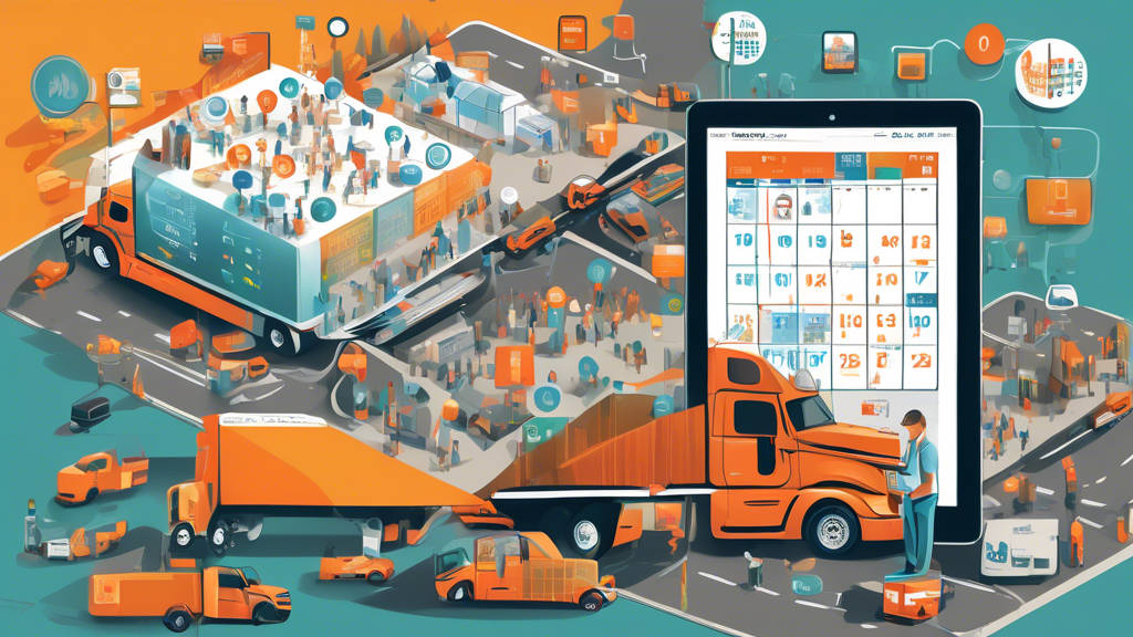 An intricate digital artwork depicting a busy truck driver organizing his schedule on a digital calendar, with icons representing CDL DOT physical locations integrated into a map on his tablet. Include visuals of mobile clinics stationed strategically at large truck stops and a fleet of trucks in the background, underscoring the themes of convenience and accessibility.