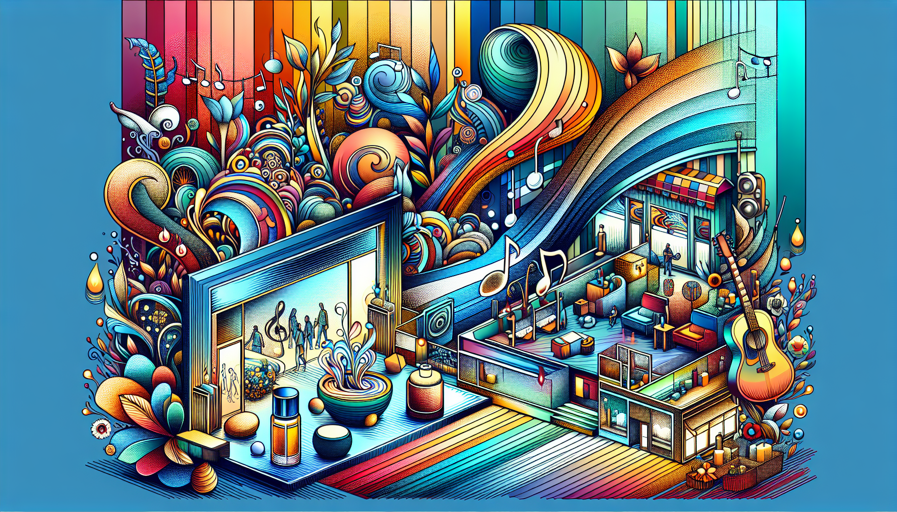 Create an image that showcases various industries adopting aroma musical innovation: a tranquil wellness spa emitting soothing scents while calming music plays in the background, a modern retail store with inviting aromas and pleasant tunes heightening the shopping experience, and a vibrant live performance where aromas and melodies blend to captivate the audience. The depiction should illustrate how scent and sound intertwine to enhance these diverse environments.