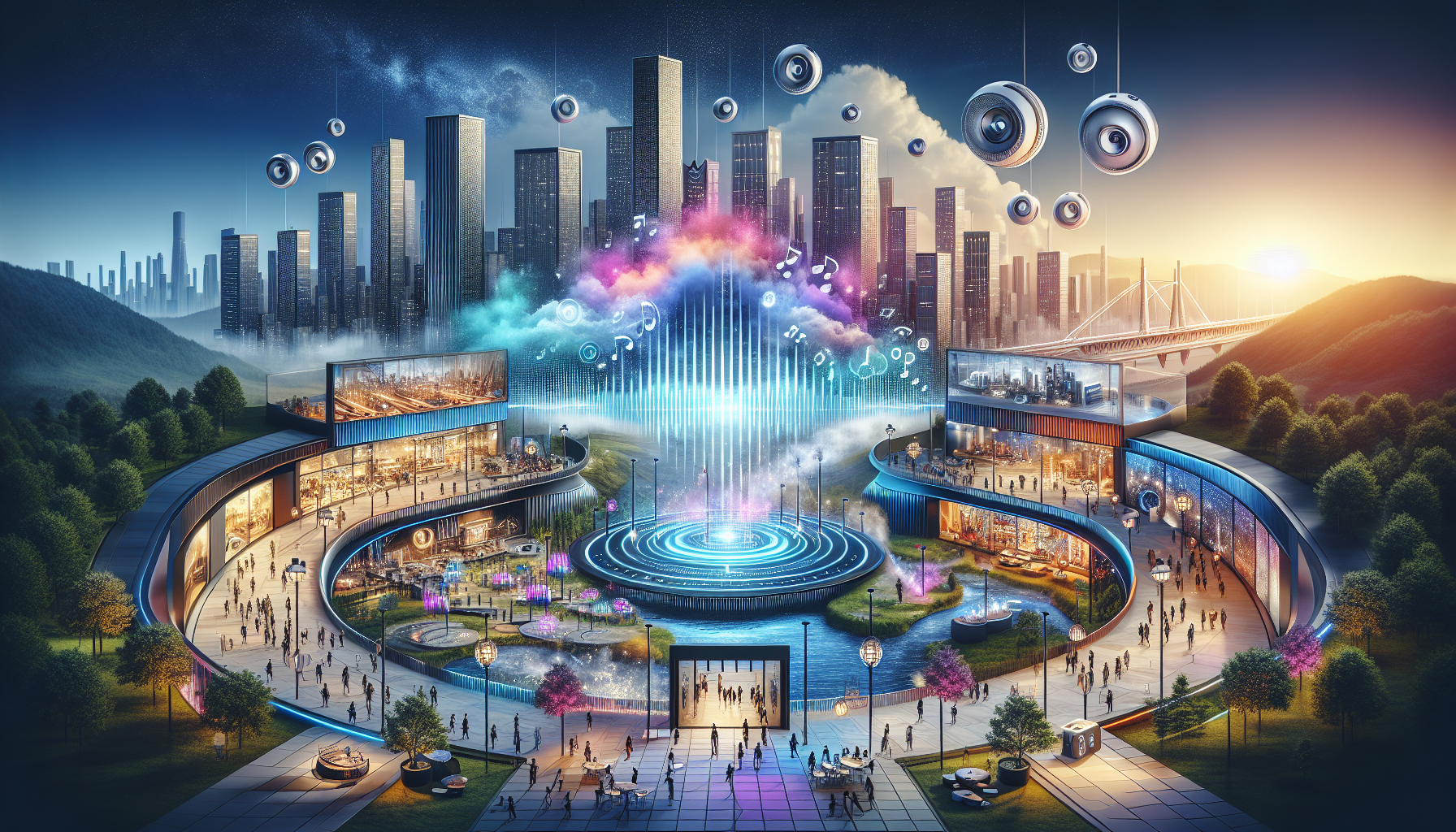 Create an image showcasing a futuristic cityscape with advanced technologies symbolizing aroma musical innovation. Imagine sleek, modern buildings equipped with large digital displays that emit colorful sound waves and aromatic mists. Highlight various scenes such as a concert where floating scent diffusers synchronize with music, a high-tech wellness center combining soothing scents and sounds for relaxation, and retail environments where customers interact with both auditory and olfactory stimuli. The overall atmosphere should be vibrant, innovative, and full of technological marvels, emphasizing the synergy between scent and sound in a high-tech future.