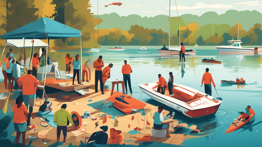 An illustrated scene depicting a boating accident on an Atlanta lake showing people safely gathering evidence and documenting the incident while consulting with a professional Atlanta boating accident lawyer on the shore.