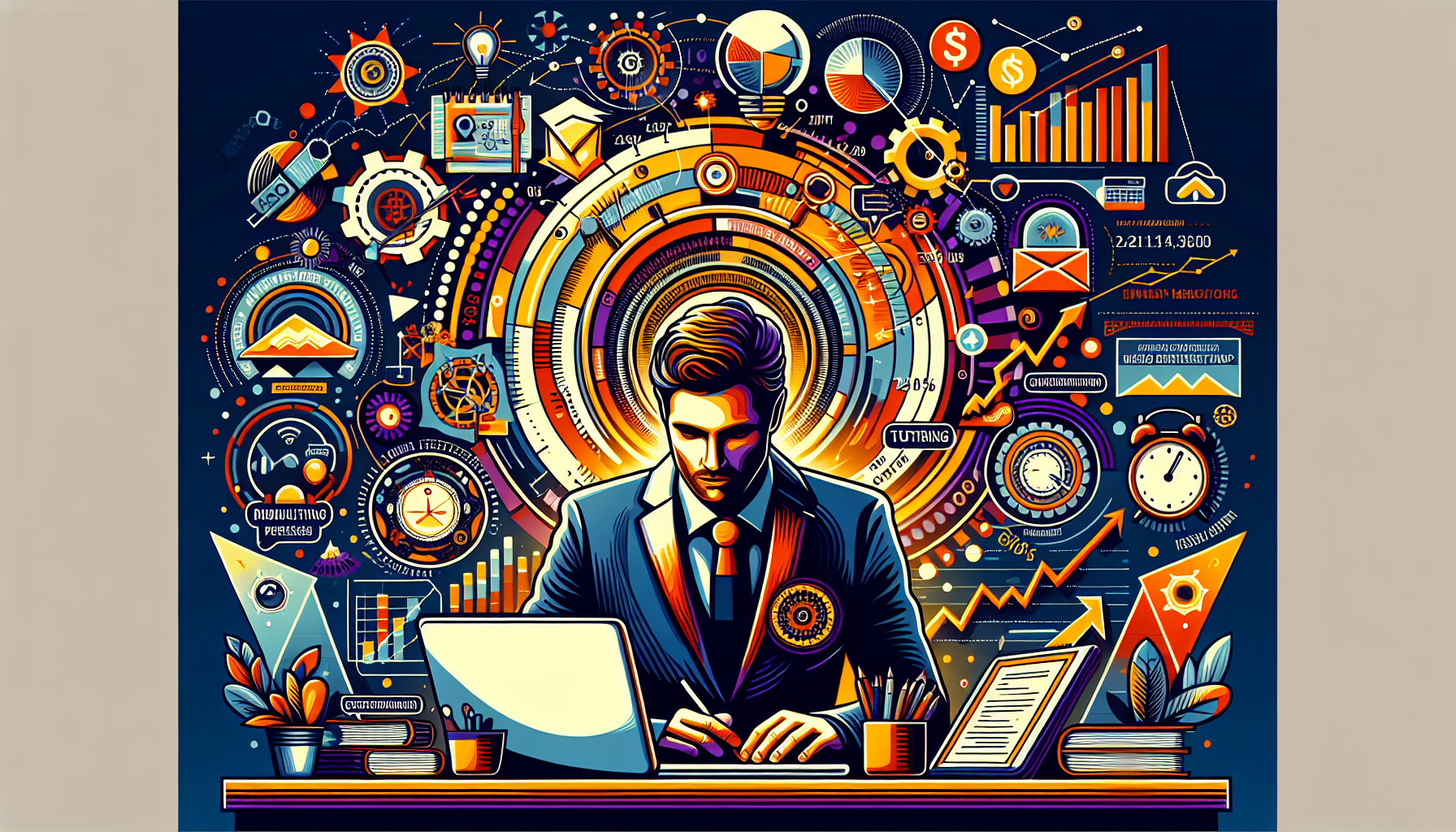 A vibrant and dynamic illustration showing a person working on multiple screens and devices at a desk, surrounded by icons and graphics representing different online side hustle activities like freelance writing, e-commerce, blogging, and online tutoring. The background features a calendar, a clock, and productivity charts to symbolize time management and scaling up. The person exudes confidence and focus, emphasizing efficiency, income growth, and the potential for turning the side hustle into a full-time business.