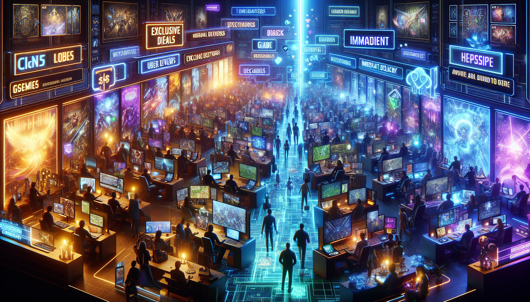 Create an image showing a dynamic and vibrant online marketplace scene with a focus on the Kinguin platform. The image features gamers browsing through a wide variety of digital game keys, in-game items, and accessories. There are prominent labels showcasing exclusive deals, discounts, and standout features like user reviews and instant delivery. The background could depict a sleek, modern digital interface with glowing highlights to emphasize the excitement and advantages of shopping on Kinguin for game enthusiasts.