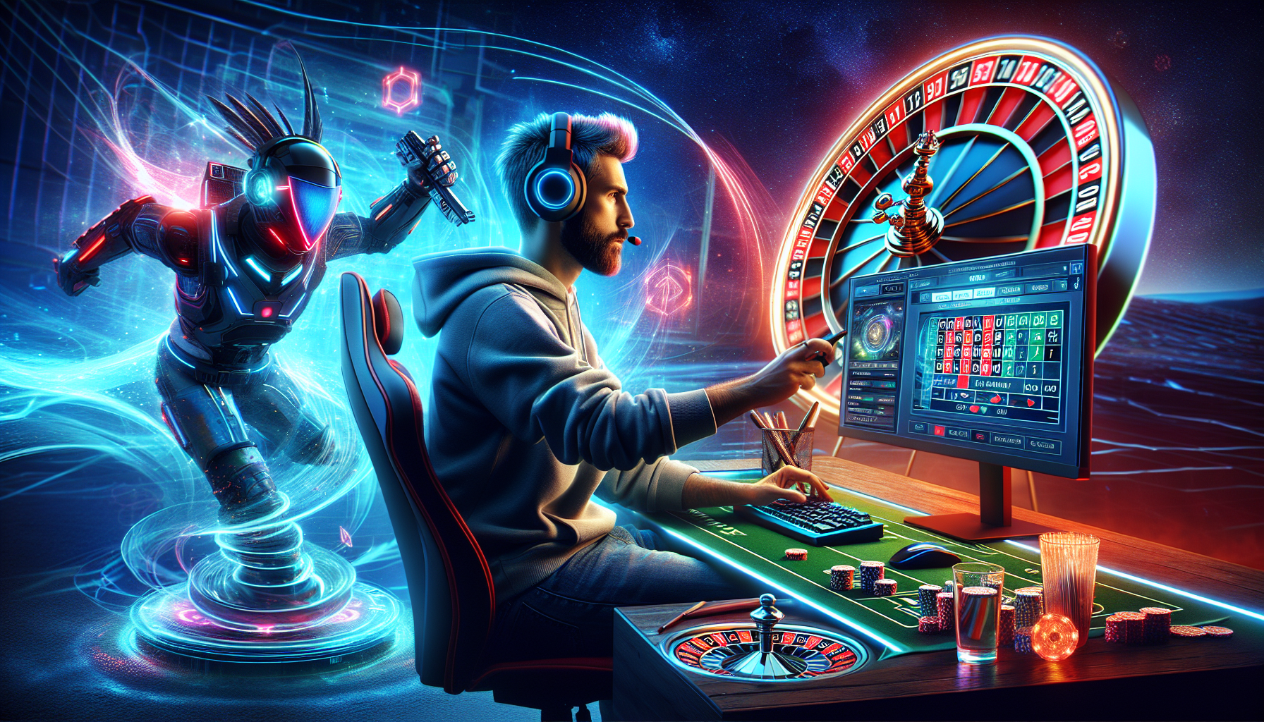 A vibrant and dynamic illustration of a gamer engaging with the CSGORoll platform, with visual elements showcasing the excitement of potentially winning big prizes. The scene should include a computer screen displaying the CSGORoll interface, complete with an animated roulette wheel, and the gamer looking thrilled and hopeful. Include elements like gaming accessories and a detailed background that reflects the immersive gaming environment. The image should capture the essence of strategy and the thrill of winning in the CSGORoll gaming experience.