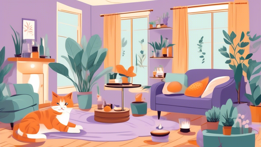 Create an image of a cozy living room with a variety of soothing scents scattered around to deter cats from scratching furniture. Include elements like a lavender plant, citrus peel, mint leaves, eucalyptus spray, cedar chips, and cinnamon sticks placed strategically around the room. Show a happy cat lounging peacefully on a cat tree, surrounded by these calming scents.