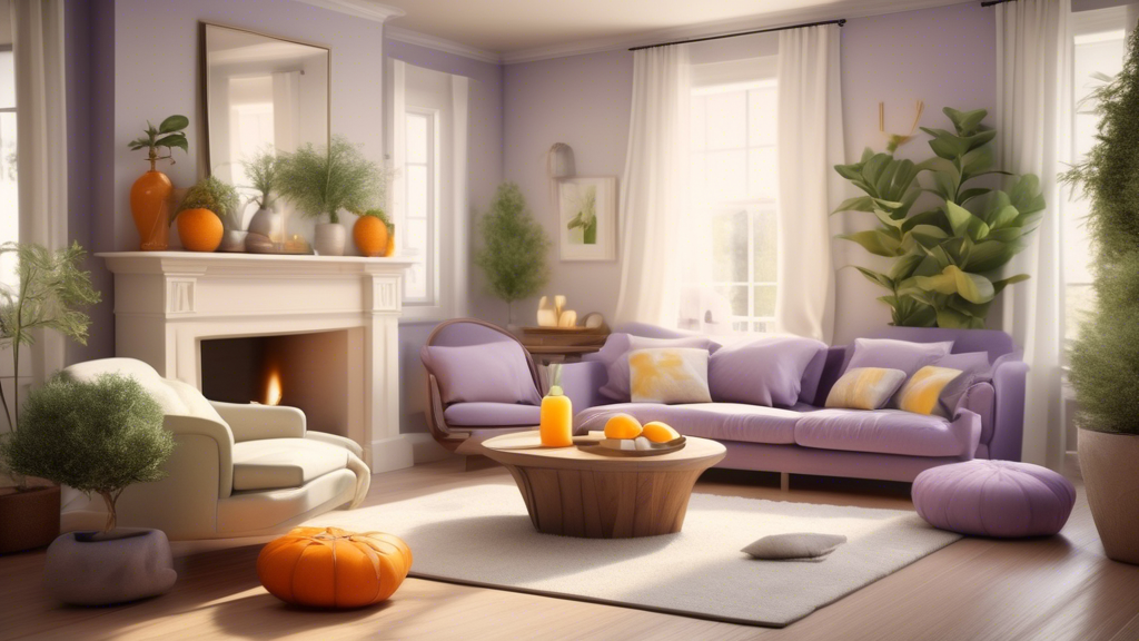 Create an image of a serene and cozy living room setting with a variety of soothing scents dispersed strategically around furniture pieces. The scents include citrus fruits, lavender, eucalyptus, rosemary, peppermint oil, and lemon/orange aromas, all shown in a visually appealing and harmonious arrangement. The scene should convey a calming atmosphere that is both aesthetically pleasing and effective in deterring cats from scratching furniture.