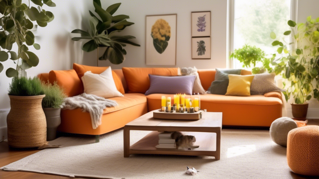 Create an image of a cozy living room with various scents such as citrus, lavender, eucalyptus, rosemary, peppermint oil, and lemon/orange scents strategically placed around furniture to deter cats from scratching. The image should depict a harmonious blend of these scents in the room, with subtle hints of each scent visible in the surroundings. The furniture in the room should be untouched, indicating the effectiveness of using scents to prevent cats from scratching.