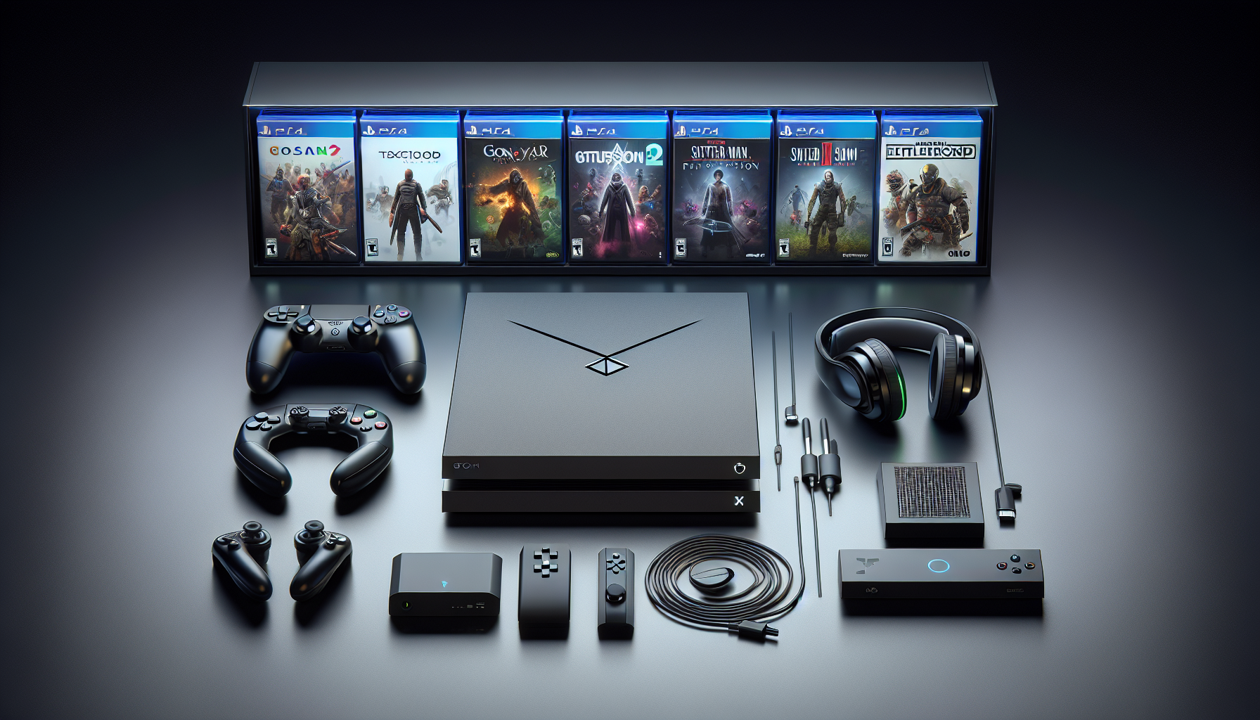 Create an image that showcases the top games and accessories for the PS4 Slim. The image should include popular game covers such as The Last of Us Part II, God of War, and Spider-Man, alongside accessories like a DualShock 4 controller, a charging station, and a high-quality gaming headset. Place these items around a sleek, black PS4 Slim console in a modern gaming setup with ambient lighting.