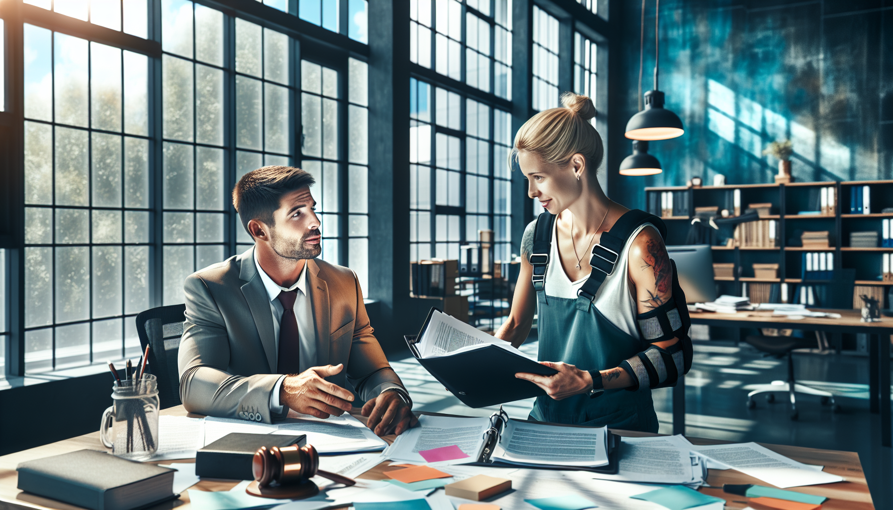Visualize a successful meeting between a worker who has been injured on the job and an experienced workman