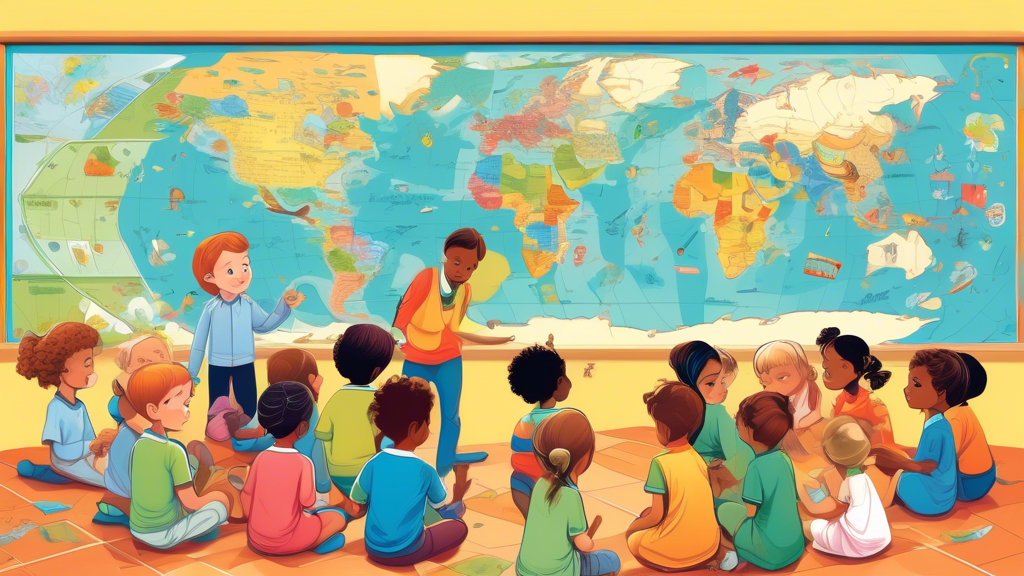 Here is a DALL-E prompt for an image relating to outline point #3 (Integrating Early Years Maps into the Learning Curriculum):

A colorful illustration showing a group of young children gathered around a large world map on a classroom floor, with the teacher pointing to different countries. The children look engaged and curious. Bright educational posters about geography and maps decorate the classroom walls in the background.