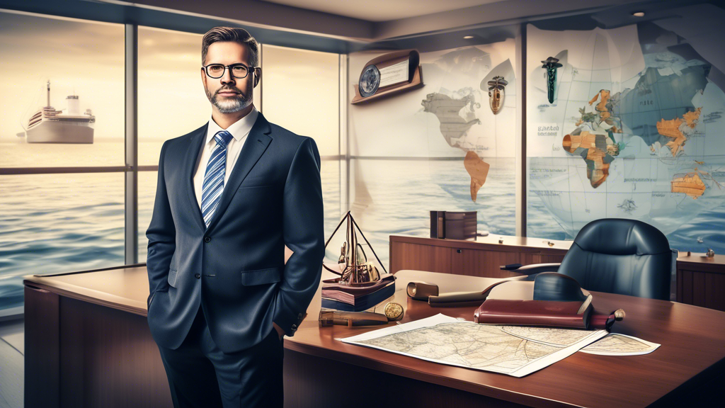 Create an image featuring a confident attorney standing in a modern office setting with maritime elements in the background, such as a model cruise ship and a nautical map. The attorney should be holding a small stack of legal documents and have diplomas or awards visible on the wall to signify experience and success in maritime law. Surrounding the attorney are illustrated icons symbolizing client communication, previous case victories, and positive client testimonials.