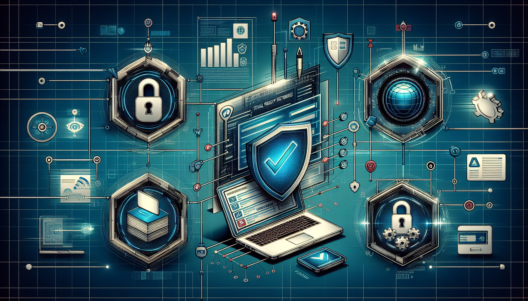 Create an image showcasing a comparison chart of the top VPNs for PC in 2023. The chart should include icons representing important features such as speed, security, price, and user reviews. Incorporate a futuristic and tech-savvy design, with a modern laptop in the background displaying a VPN interface and a shield symbolizing security and privacy.