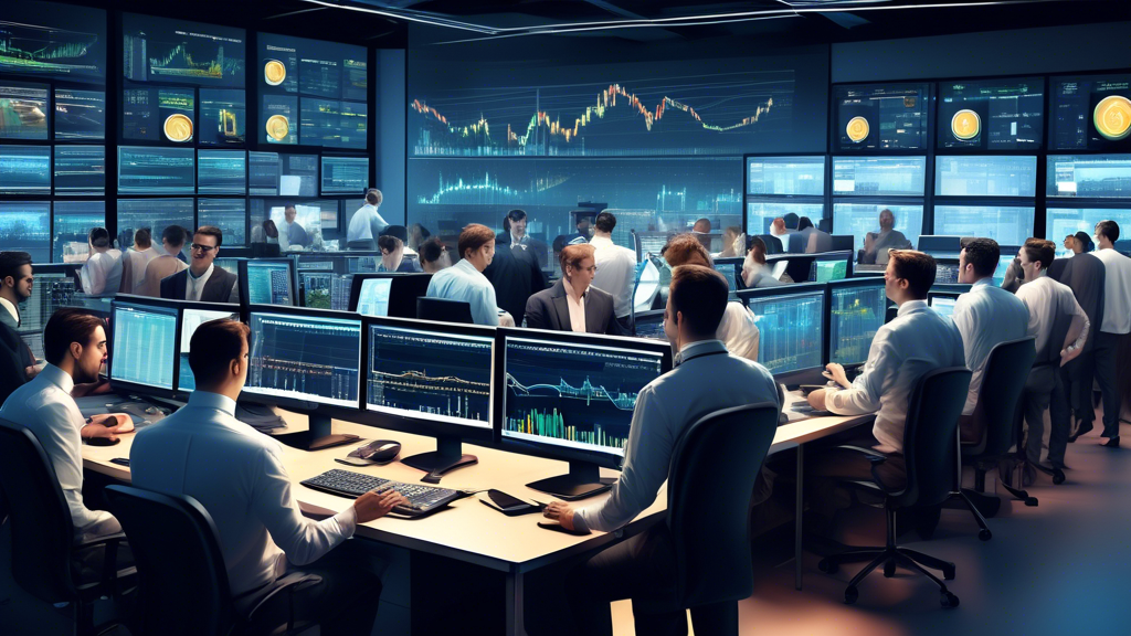 Detailed illustration of a bustling forex trading floor, showcasing several traders comparing EUR/USD signals on multiple monitors, each screen displaying different charts and analysis from top signal providers. Include diverse traders discussing and pointing at screens in a modern, high-tech office environment.
