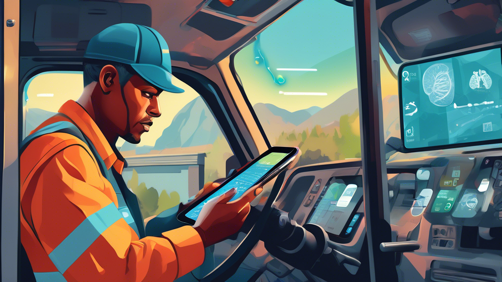 Digital artwork depicting a truck driver consulting their smartphone to use a specialized app that maps and lists nearby certified medical examiners for a CDL physical exam. The scene includes a close-up of the app interface displaying locations and doctor profiles, with a truck in the background. Ensure the atmosphere conveys a sense of professionalism and accessibility.
