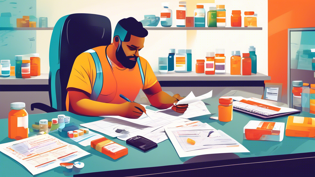 An image of a professional truck driver reviewing a checklist of documents and healthcare items, sitting at a desk with a map and various health supplements displayed, symbolizing preparation for a CDL physical exam.