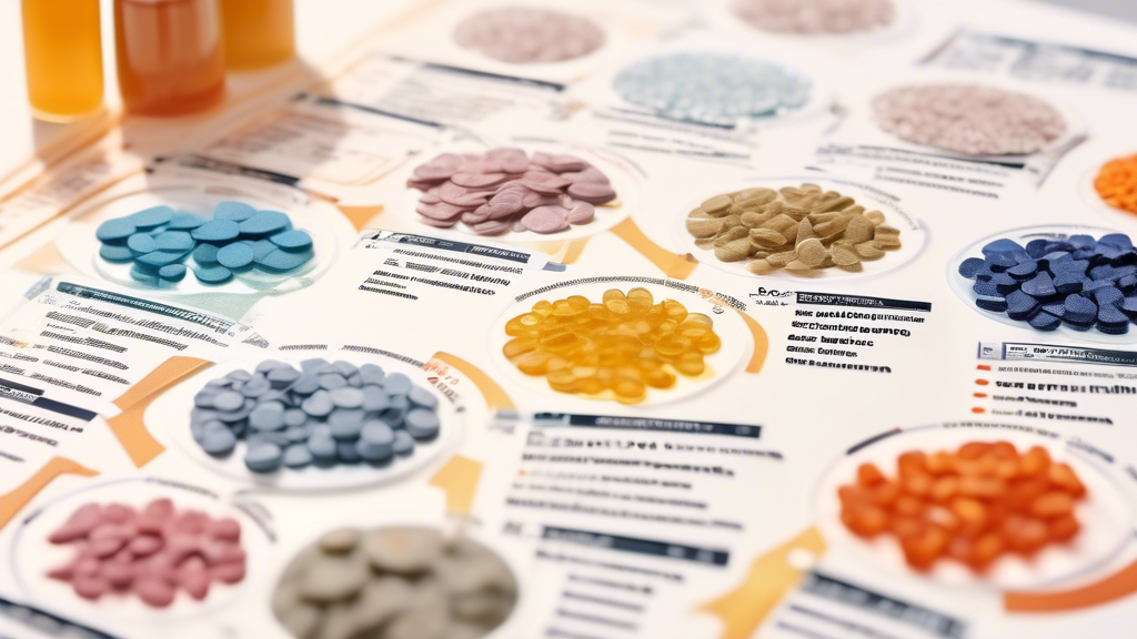 Close-up image of a variety of hangover vitamin patches lined up next to a breakdown of their key ingredients like B-vitamins, electrolytes, and herbal extracts, each labeled with their claimed benefits. In the background, a semi-transparent overlay of scientific charts and molecular structures, hinting at research data related to the efficacy of these ingredients in alleviating hangover symptoms.