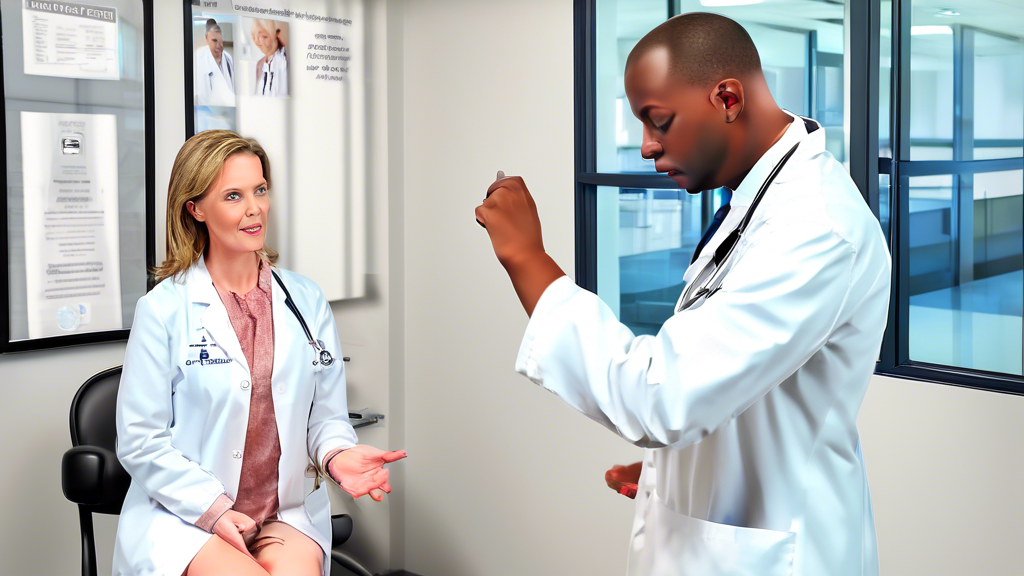 A friendly and professional doctor in a white coat performing a DOT (Department of Transportation) physical examination in a modern and inviting medical office in Charlotte, North America.