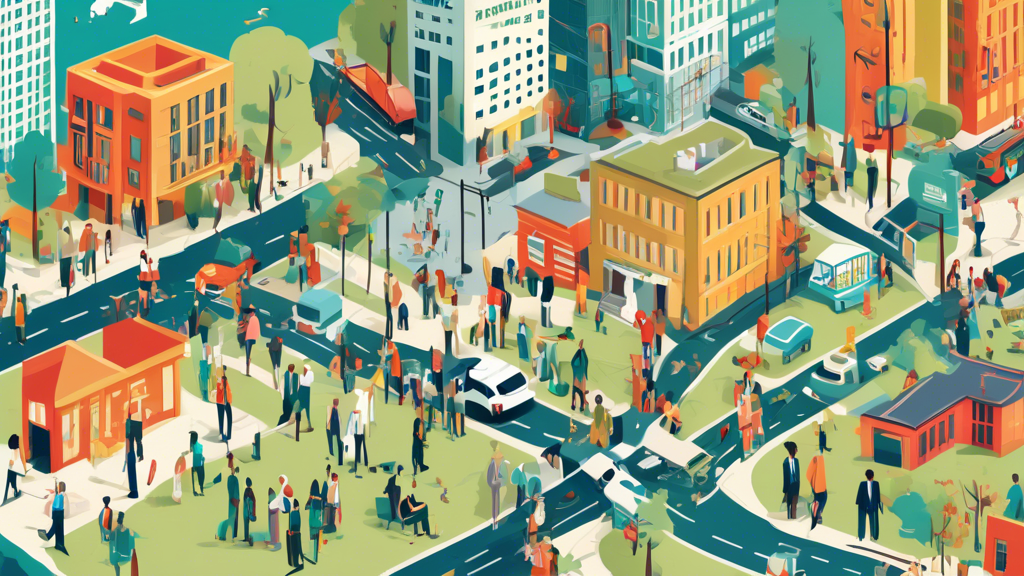 An illustrated map of Charlotte, North Carolina, pinpointing various law firms, hospitals, and rehabilitation centers, with a diverse group of animated characters representing lawyers, doctors, and clients discussing and navigating through the city