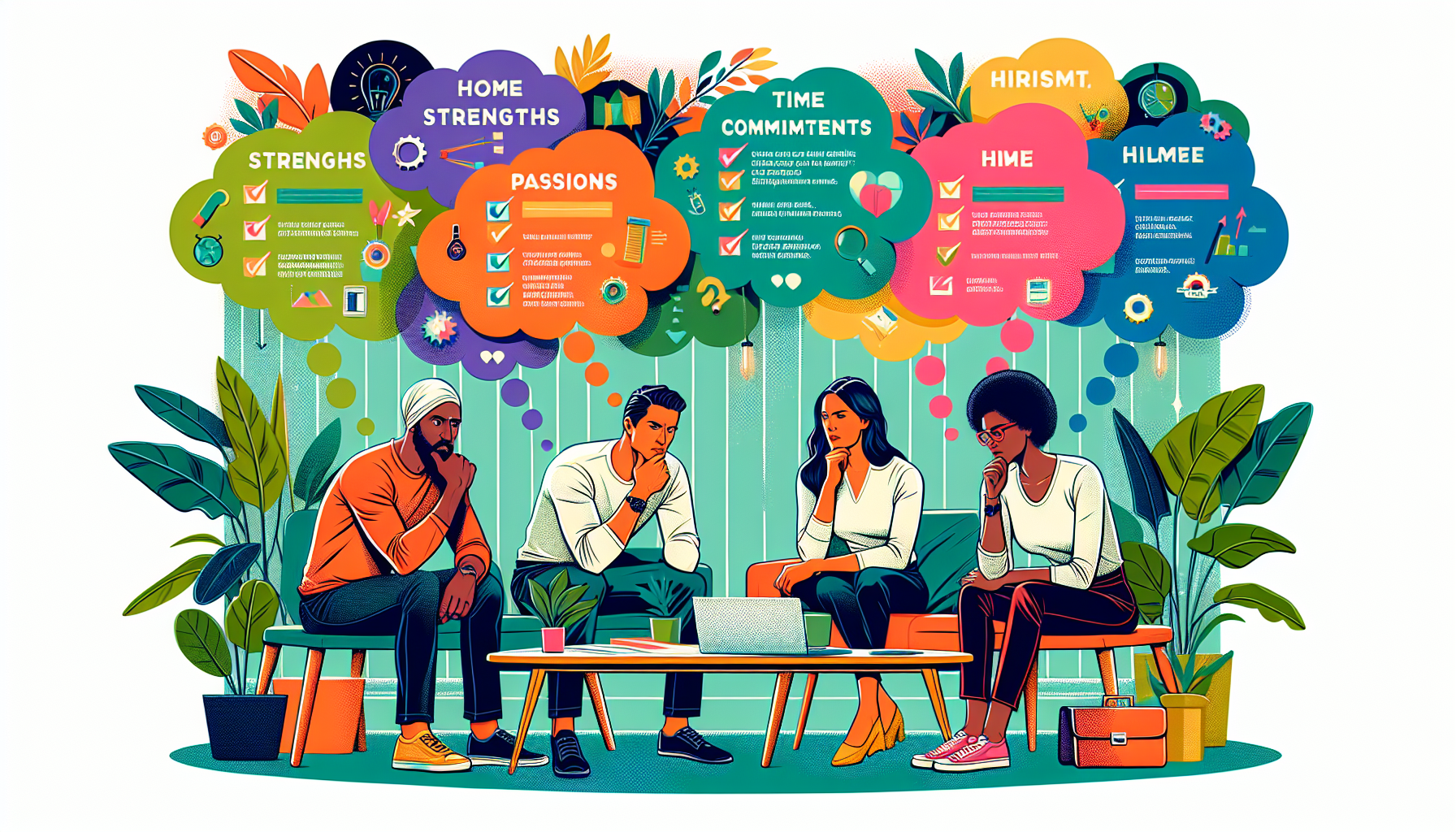 Create an image that represents the theme of evaluating and choosing the best side hustle tailored to individual skills and lifestyles. Think of a diverse group of people carefully considering different side hustle options. Show elements like thought bubbles or checklists highlighting individual strengths, passions, time commitments, and useful tools and resources. The setting could be in a cozy, modern living space where each person is engaged in evaluating their options, visually portraying the process of aligning side hustles with personal lives. Make sure the scene is vibrant and positive, emphasizing empowerment and thoughtful decision-making.