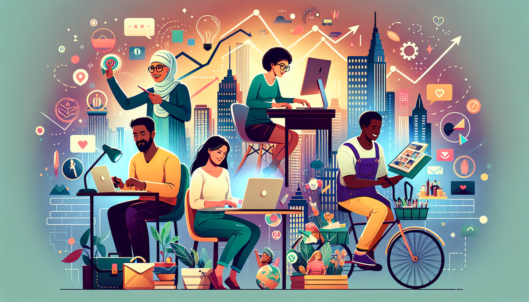 Prompt for DALL-E: An illustration of a diverse group of people engaged in various side hustles such as freelancing, online tutoring, crafting, and delivery services. They are connected by a vibrant city skyline in the background, symbolizing opportunity and growth. Each individual is using tools for marketing, time management, and learning – like laptops, planners, and books – to maximize their earnings. The scene is lively, with elements of success like charts with upward trends and happy customers receiving services.