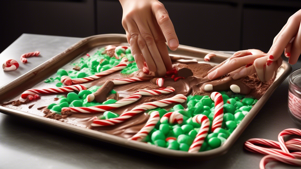 DALL-E: Generate an image of hands smoothing out a layer of melted chocolate on a baking sheet, with a bowl of crushed candy canes on the side, ready to be sprinkled on top. The kitchen background should have a festive décor with red and green accents, capturing the holiday spirit. Include a bottle labeled 