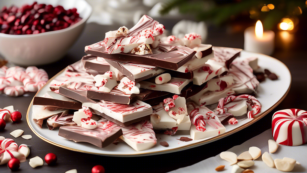 Image of a creative peppermint bark assortment on a festive holiday platter, featuring marbled white and dark chocolate, topped with crushed peppermint candies, scattered almonds, and pieces of dried cranberries. Beside it, small tags label each version: classic, marbled, nutty delight, and cranberry twist. A cozy fireplace and holiday decorations subtly appear in the background.”