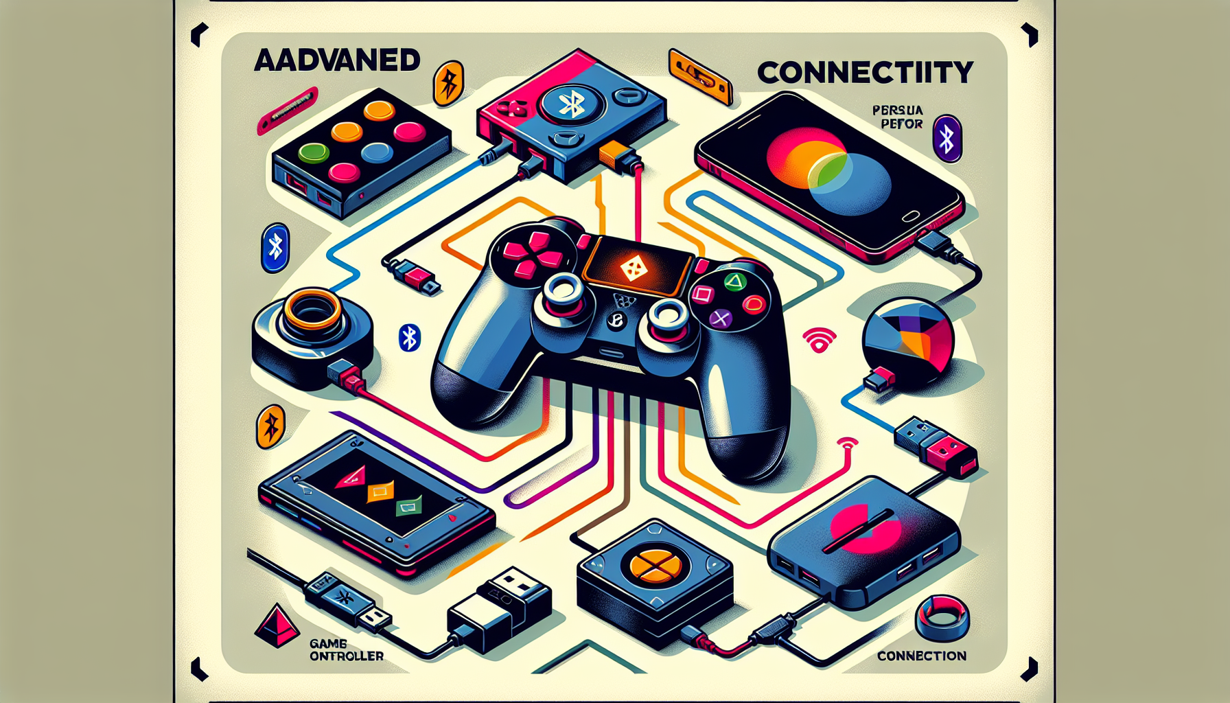 Create an image that showcases the DualShock 4 controller highlighting its advanced connectivity options. Include visual elements that portray Bluetooth and USB connection symbols. Depict the controller paired with multiple gaming platforms, such as a PlayStation console, a PC, and a mobile device. Emphasize the ease and versatility of connecting and setting up the controller with different systems. Make sure the DualShock 4 stands out as the central focus of the image.