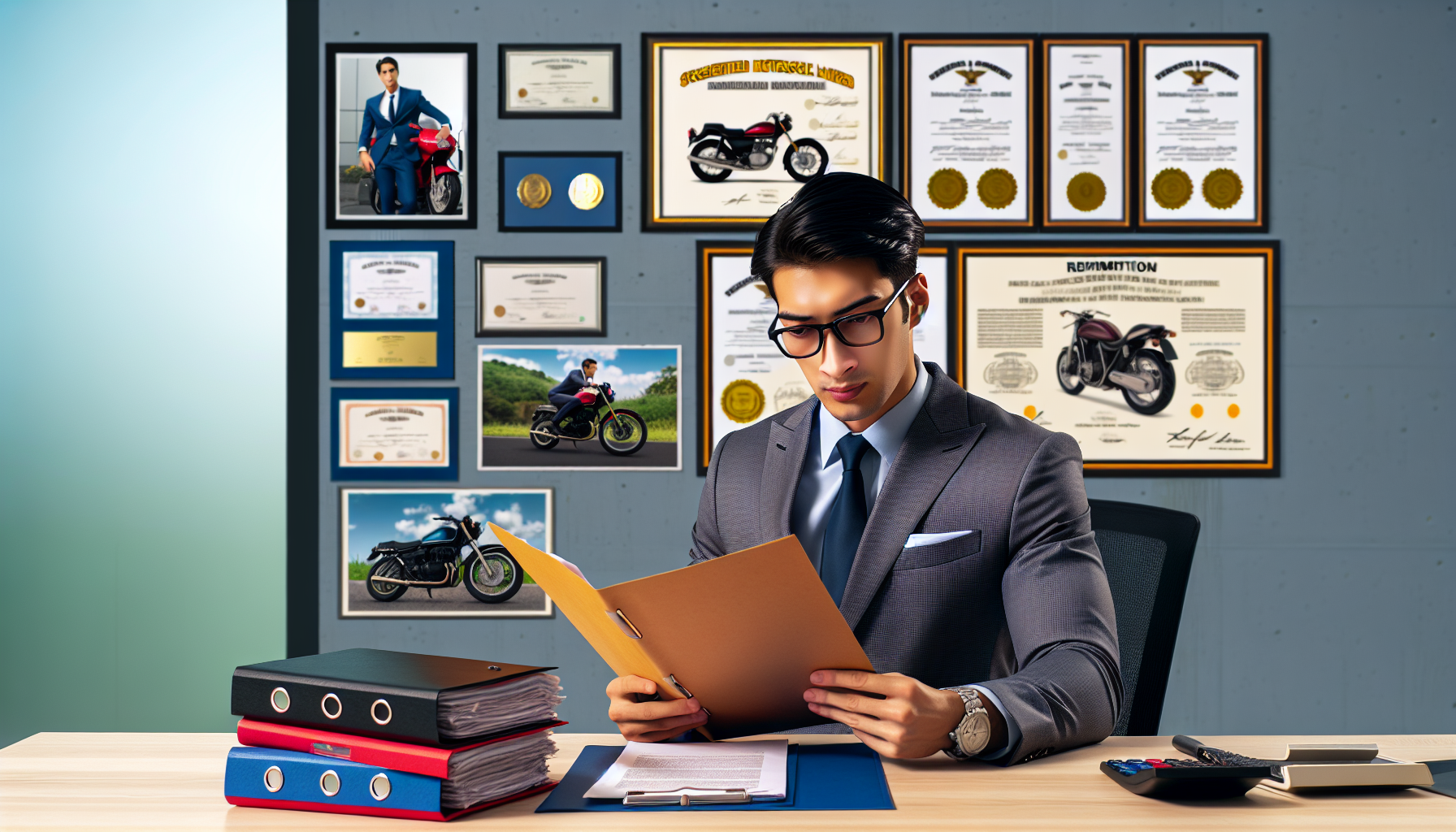 An experienced attorney from a specialized motorcycle law firm reviewing a thick file full of successful motorcycle case outcomes, with a wall behind him displaying certificates and client testimonials, in a well-lit, professional office.