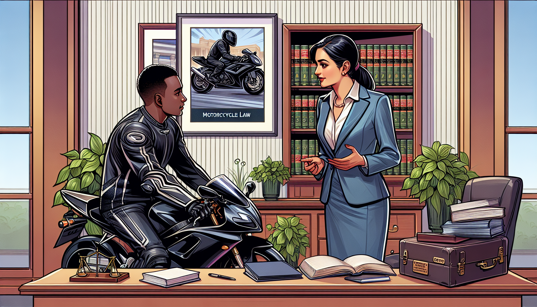 An illustrative scene in a law office where a potential client, a motorcyclist, is asking key questions to a lawyer specialized in motorcycle cases. The lawyer, poised and professional, is explaining their fee structure, approach to handling motorcycle cases, and communication practices. The background of the office features motorcycle law books and a framed 