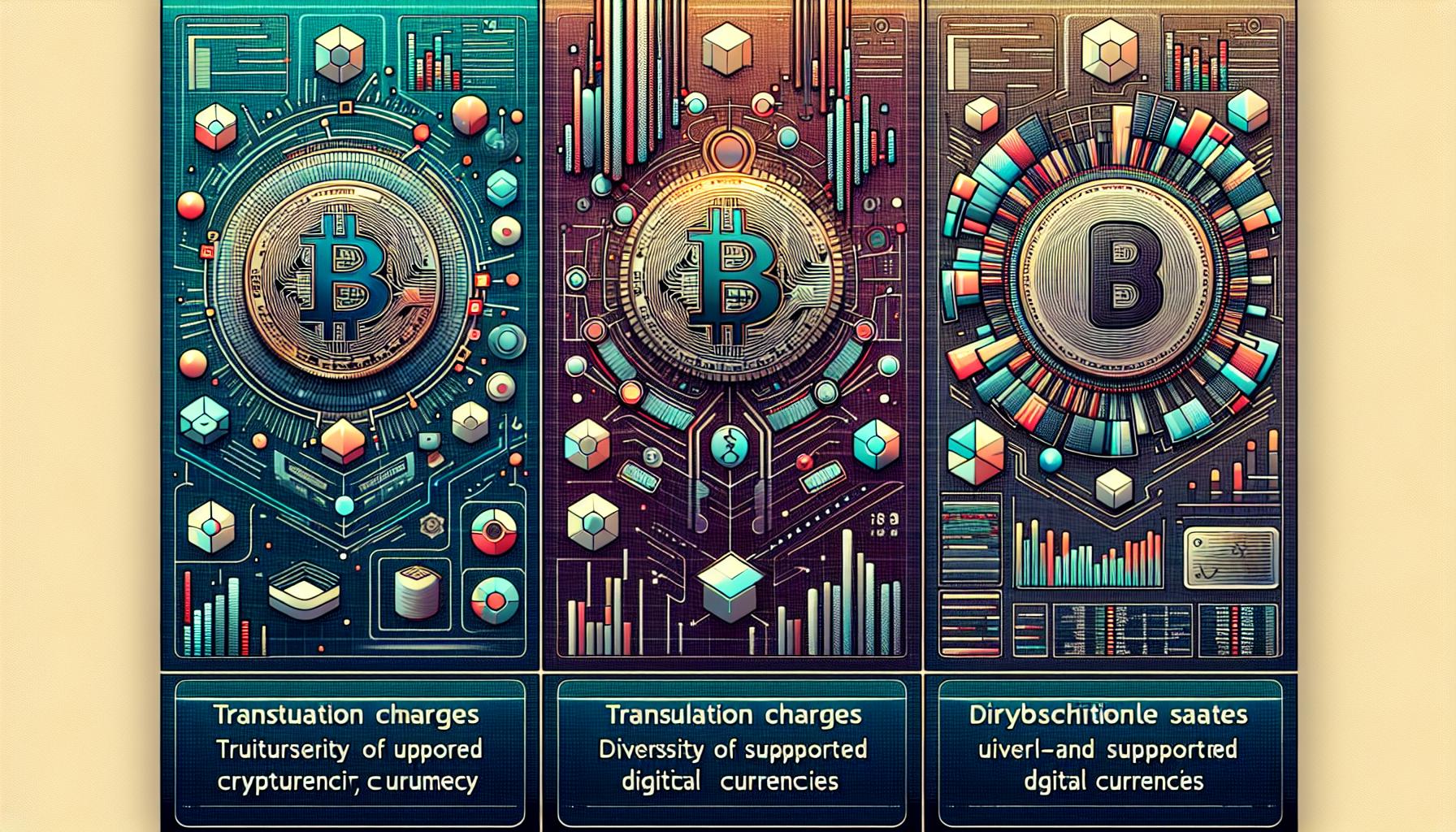 Create an in-depth comparison image showing three popular cryptocurrency trading platforms: Binance, Coinbase, and Kraken. The image should feature a visually engaging split-screen format where each platform is represented side-by-side, highlighting their pros and cons such as fees, supported currencies, and usability. Include user testimonials and real-world case studies with a focus on platform performance. The background should be a sleek, modern tech-oriented theme, and incorporate subtle graphical elements like coins or digital trading charts.