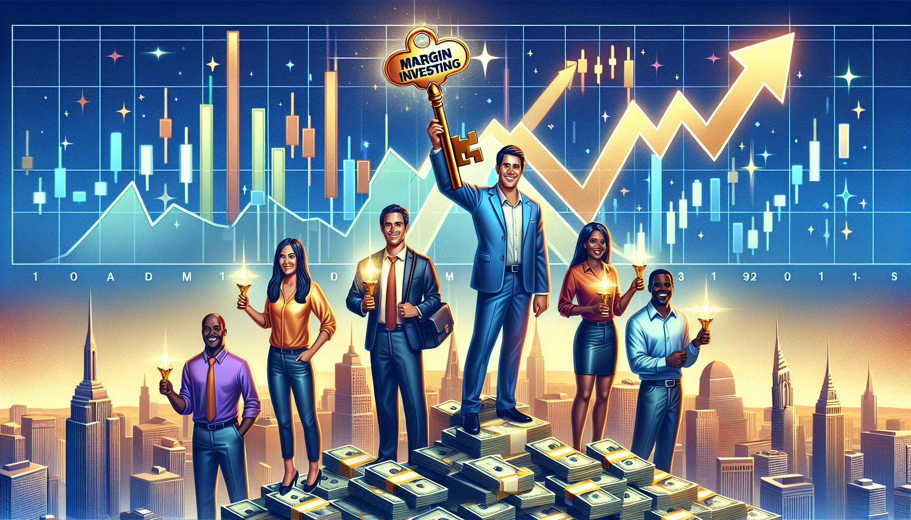 Create an image that vividly illustrates the concept of the rewards of margin investing. Depict a confident investor holding a golden key labeled Margin Investing while standing at the peak of a mountain made of stacks of dollar bills. In the background, show various stock charts with upward trends, representing amplified returns and enhanced investment opportunities. Add a few shining stars and a soft glow around the investor to emphasize success.