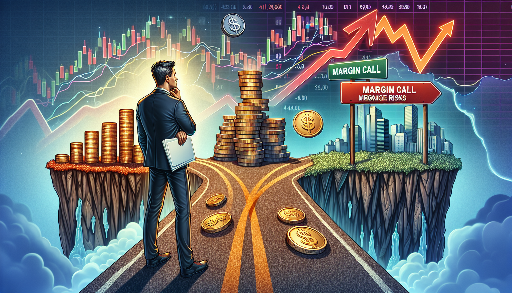 A high-detail, dramatic illustration showing an investor at a crossroads: One path leads towards towering stacks of coins and a rising stock market graph symbolizing potential rewards, while the other path leads towards a steep cliff with falling coins and a giant red Margin Call warning sign indicating financial risks and forced liquidation. The investor appears thoughtful, holding documents labeled Strategies to Mitigate Risks as they evaluate the potential paths. The scene is split with a clear contrast between the bright, hopeful side of rewards and the dark, cautionary side of risks. The background includes stock market indicators and financial tools to emphasize the context of margin investing.