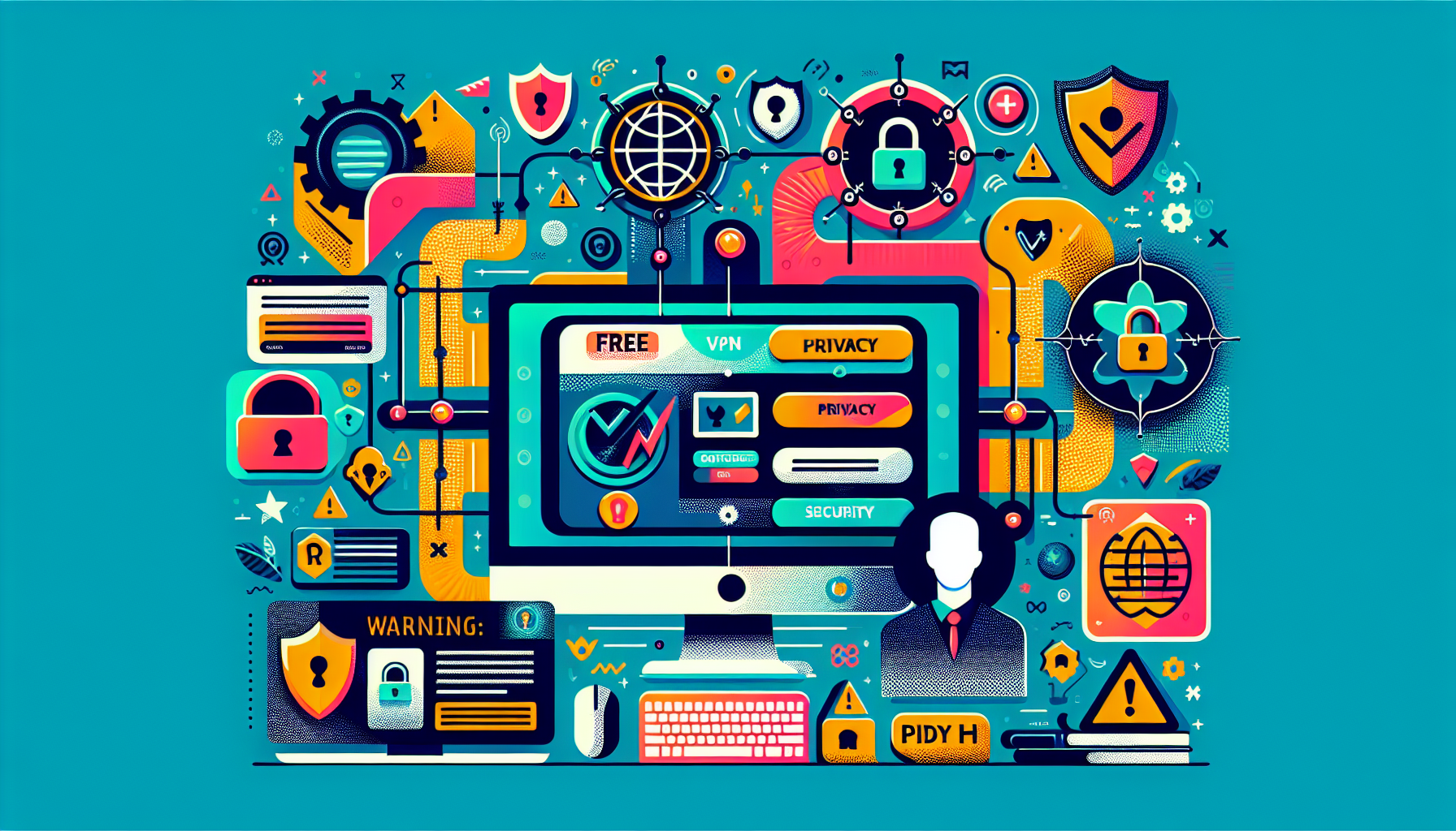 Create an image showing a computer screen with a step-by-step guide for installing a free VPN on a PC. The background should include icons representing security and privacy, such as padlocks and shields, along with a person following best practices for maximizing VPN effectiveness. Include visual elements like warning signs to indicate precautions and a comparison chart showing differences between free and paid VPN services.