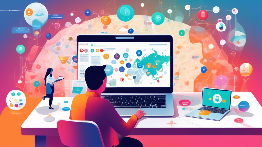 Digital artwork of a person searching for certified DOT doctors on a laptop, with a visible map showing nearby locations marked and icons representing credentials and reviews around the screen, emphasizing the focus on local search and verification.