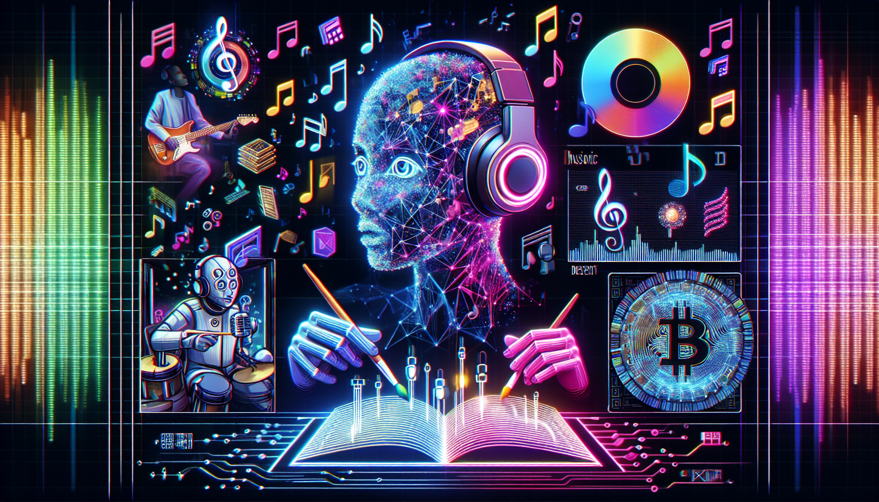 Create an image that captures the transformative technologies driving disruptive innovation in the music industry. This includes a vibrant digital streaming platform interface with diverse music genres, an AI-powered virtual music composer working on a track, and a digital ledger illustrating how blockchain secures music rights and manages royalties. Use a futuristic art style with neon accents to show the convergence of technology and music.