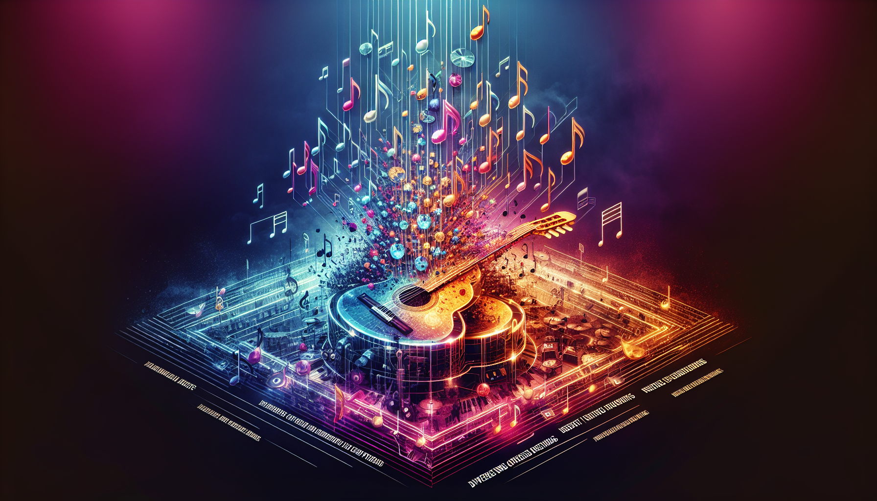 Prompt for DALL-E: A vibrant digital illustration depicting the impact of disruptive innovation in the music industry. Show independent artists rising with digital tools and platforms, diverse revenue streams evolving for producers and record labels, and consumers enjoying enhanced music experiences with futuristic technologies like virtual reality. Include visual representations of music notes and digital elements blending seamlessly to symbolize technological transformation.