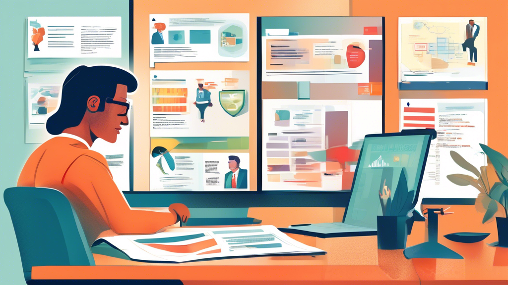 An illustrated step-by-step guide depicting a person conducting online research for barge accident attorneys, showcasing screens with comparison charts of different law firms, reading past client reviews, and preparing a list of questions for a first consultation, emphasizing strategic and informed decision-making in a neatly arranged home office environment.