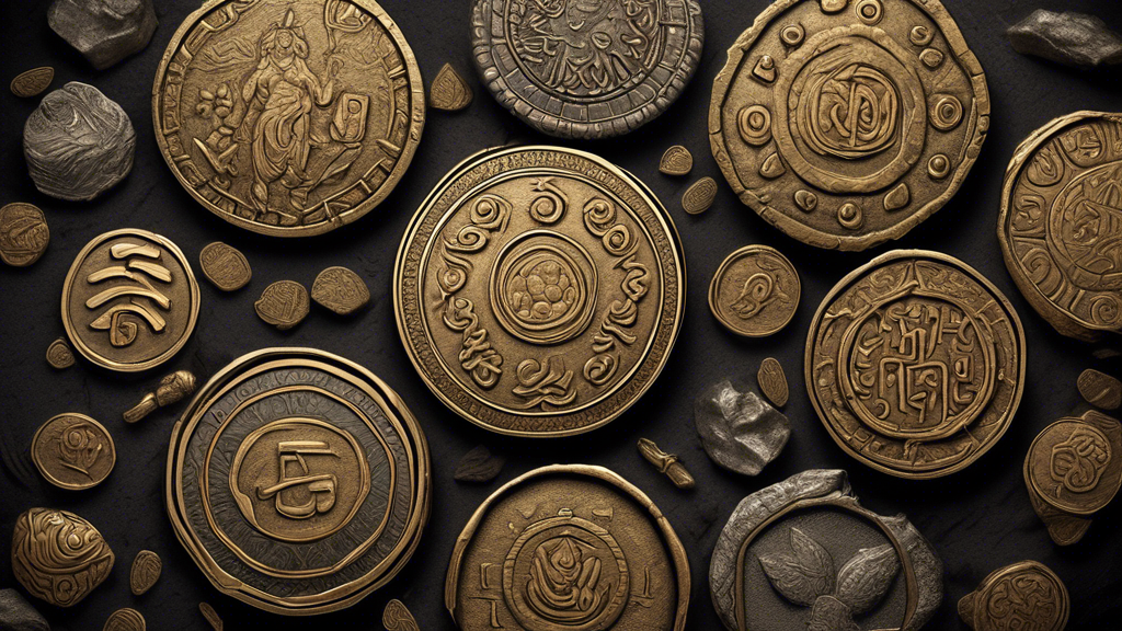Create a highly detailed and realistic illustration of the Karrat coin, focusing on its unique characteristics. Show the coin with intricate symbols, inscriptions, and metallic textures that highlight its historical design. Include a backdrop of the ancient minting process, with artisans crafting the coins using period-appropriate tools and techniques. Scatter several rare and collectible variants of the Karrat coin in different conditions around, emphasizing their distinct features and special editions.