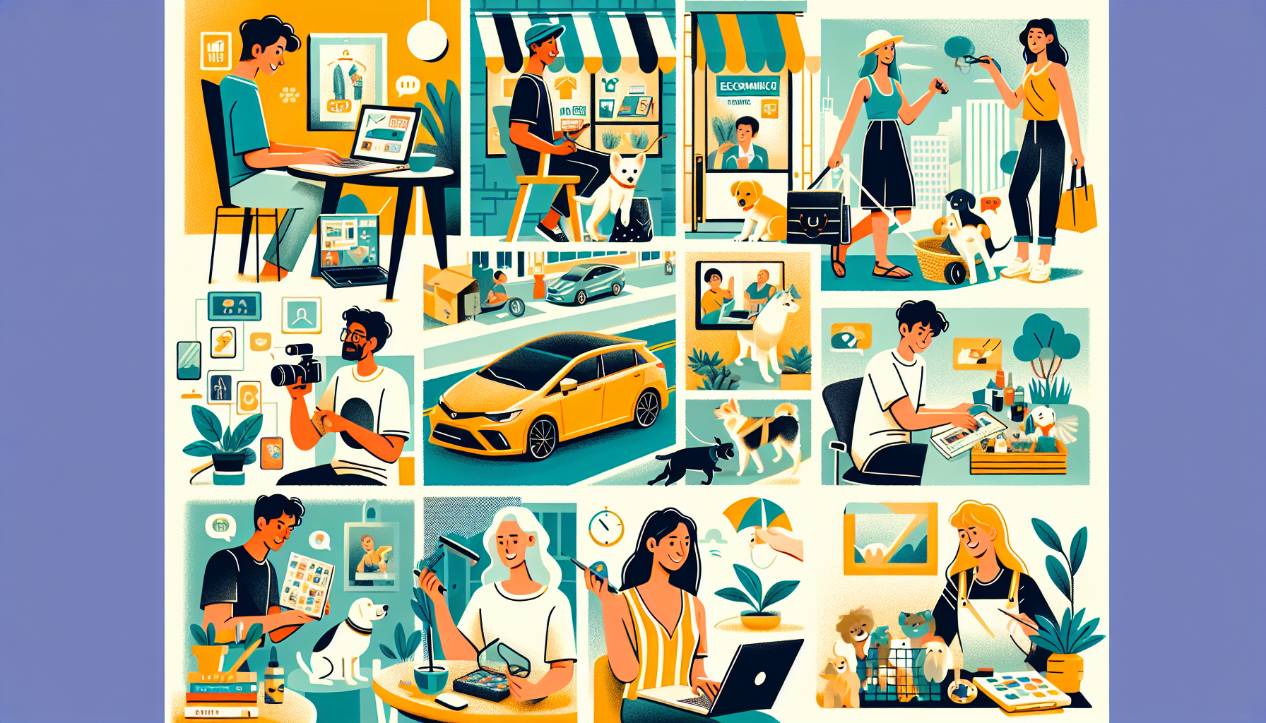 Create a visually appealing digital illustration showcasing a collage of various side hustles popular in 2023. The scene could include a freelancer working on a laptop, an e-commerce store setup with product packages, a ride-sharing car, a person managing rental properties, a pet sitter playing with dogs, an online tutor teaching via video call, a consultant advising clients, a crafting workspace with handmade items, a social media influencer filming a video, and a tech developer coding an app. Each scene should be distinct but seamlessly integrated to depict the diverse opportunities available for making money this year.