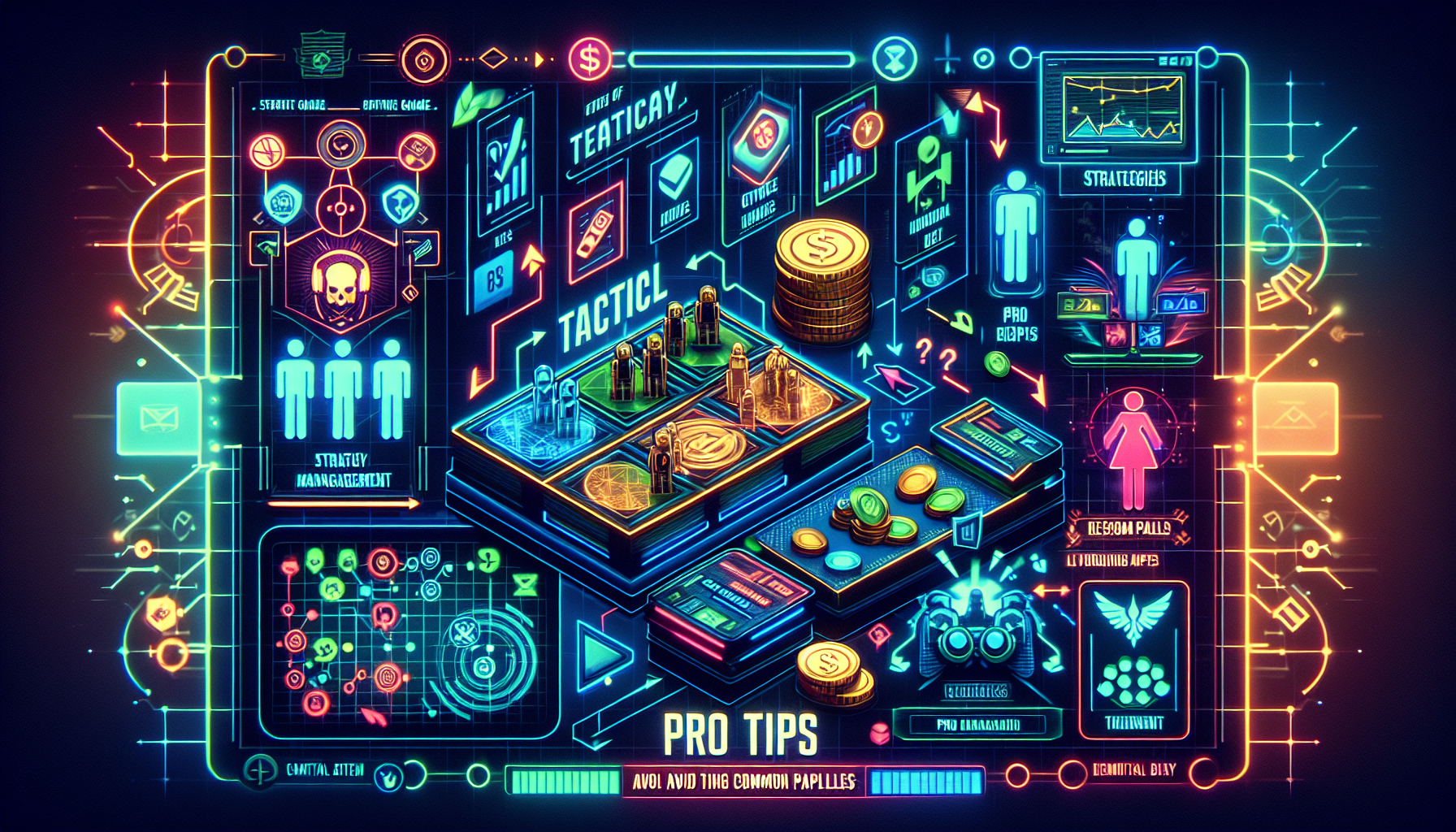 Create an image that shows A collage of helpful tips for new CSGORoll TR players, featuring game strategies, resource management, and avoiding common pitfalls. Include elements such as game icons, a checklist, coins, and a 