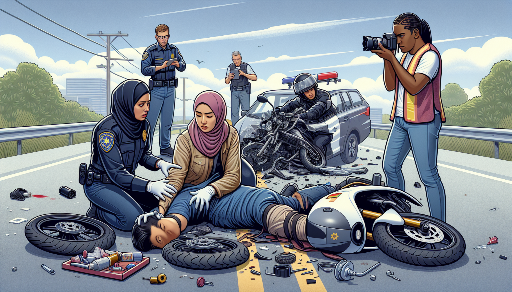 An emergency responder and a motorcyclist at the scene of an accident, with the responder helping the injured motorcyclist while another person takes photos of the scene for evidence. Nearby, a witness is giving a statement to a police officer, with crushed motorcycle parts scattered around.