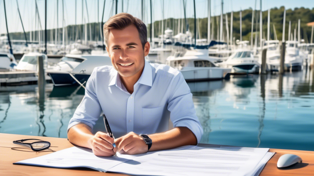 Create an image that represents the process of researching and evaluating boat accident attorneys. Include elements such as a list or a checklist, magnifying glass over client testimonials and reviews, and a professional-looking attorney standing by a marina with boats in the background. The scene should convey diligent research and the importance of finding experienced legal representation familiar with local waters and regulations.