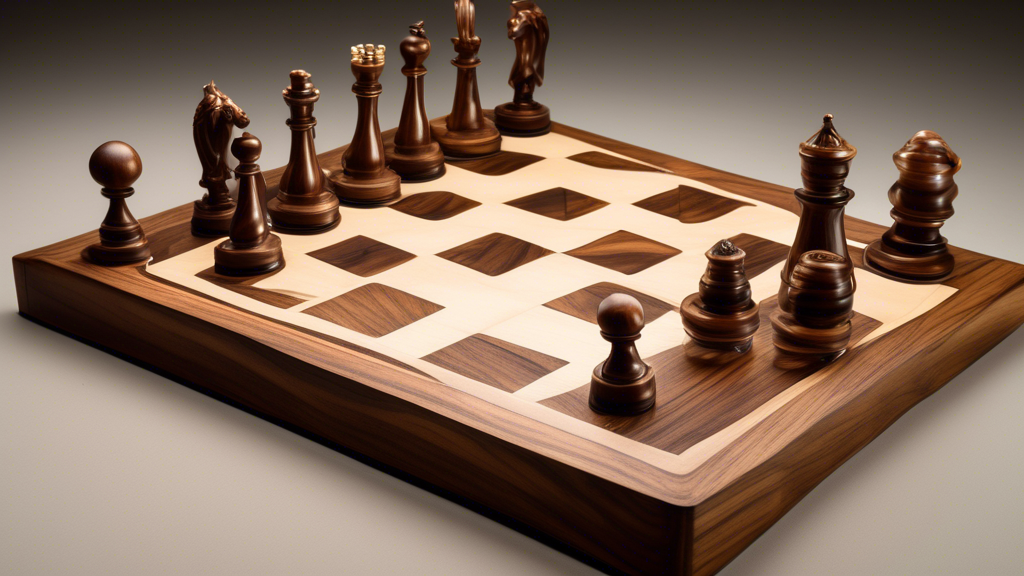 DALL-E creates an image of an artistically handcrafted wooden chess set, emphasizing intricate detail and craftsmanship with pieces and the board made from walnut. The set should also include small, sleek travel chess options crafted from metal and glass, displayed next to the classic set, to illustrate the theme of size and portability considerations for both home and travel use. The setting is an elegant, walnut-paneled study to highlight the luxurious aspects of the chess sets.