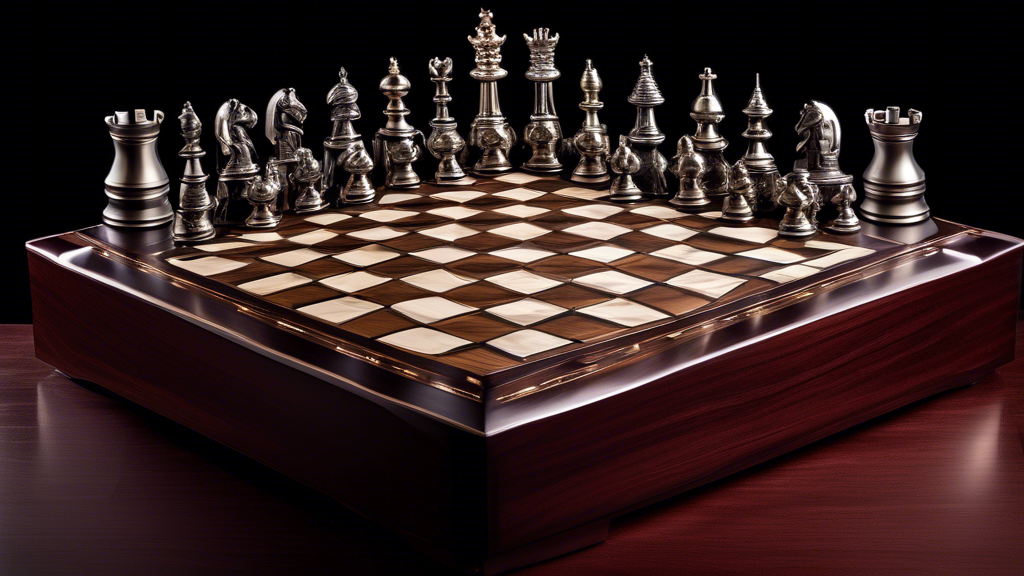 DALL-E: Create a sophisticated and elegant photograph showcasing a collection of the top 10 luxury chess sets from around the world, each uniquely designed with exquisite craftsmanship and made from high-end materials such as ebony, marble, and brushed aluminum. The sets are arranged on a rich mahogany table, with focused lighting accentuating the intricate detail and finish of each chess piece and board, reflecting their premium quality and aesthetic appeal. Include a diverse array of designs ranging from classic to modern, demonstrating the variety and exclusivity held within this prestigious collection.