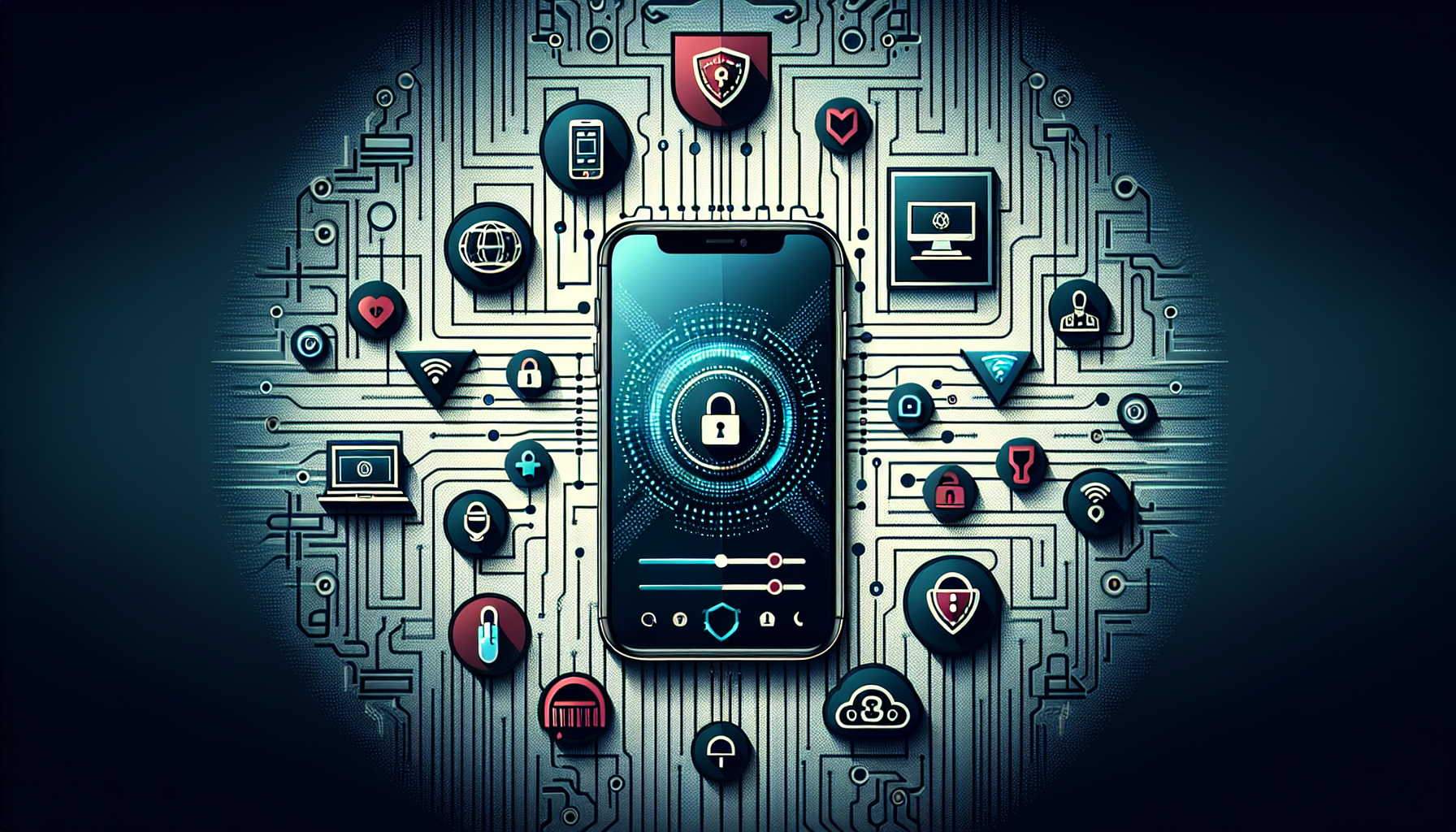 Create an image depicting a sleek iPhone with various icons around it representing the key features of a top-quality VPN: an easy-to-navigate interface, high-speed connectivity bars, padlock symbols for encryption, and a customer service headset icon. The background should have a tech-centric theme with subtle circuit board patterns to emphasize security and technology. Incorporate a clean, modern color palette to convey a sense of efficiency and sophistication. Text overlay: Características Esenciales de una VPN de Calidad para iPhone.